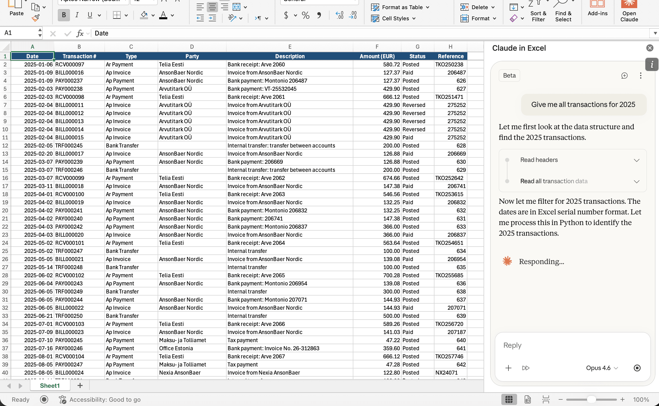 Excel spreadsheet with Claude sidebar showing transaction analysis and data processing