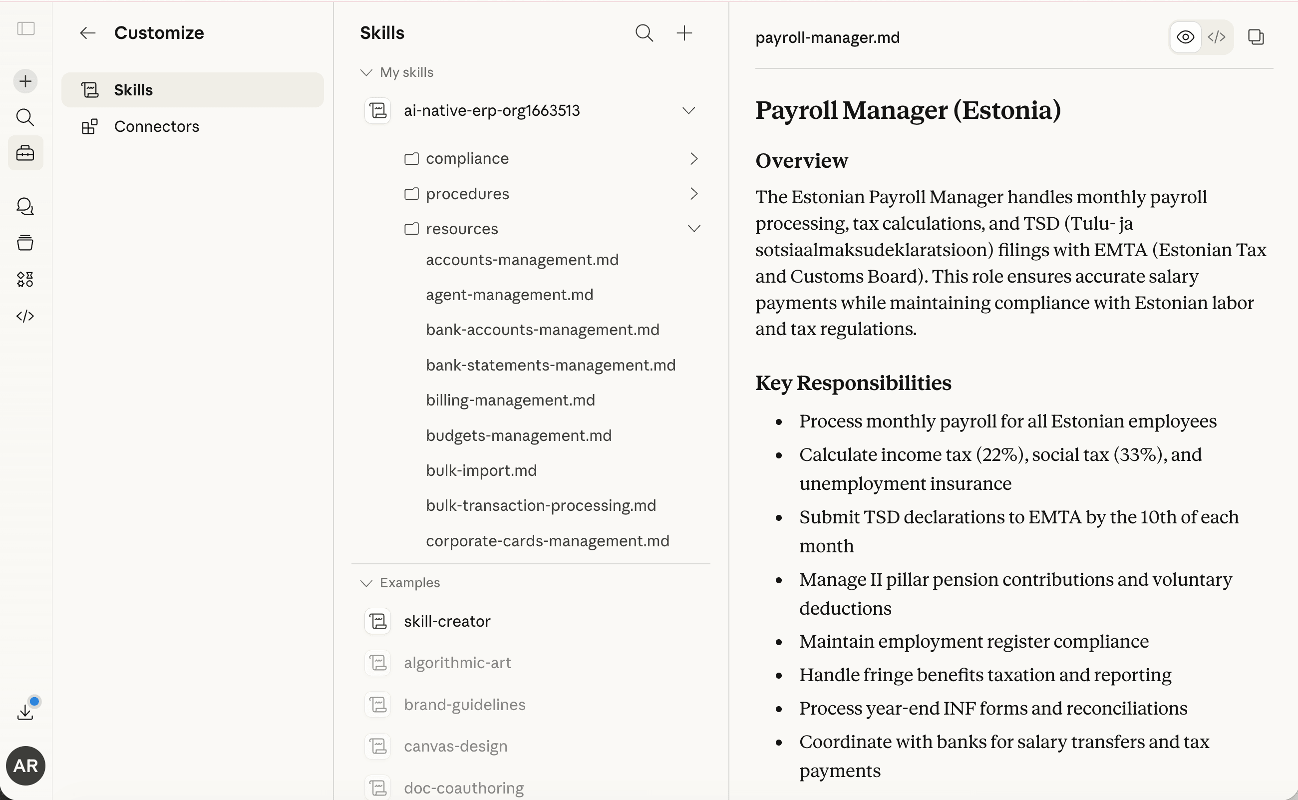 Claude Skills panel showing Artifi accounting skills and AP Clerk role configuration