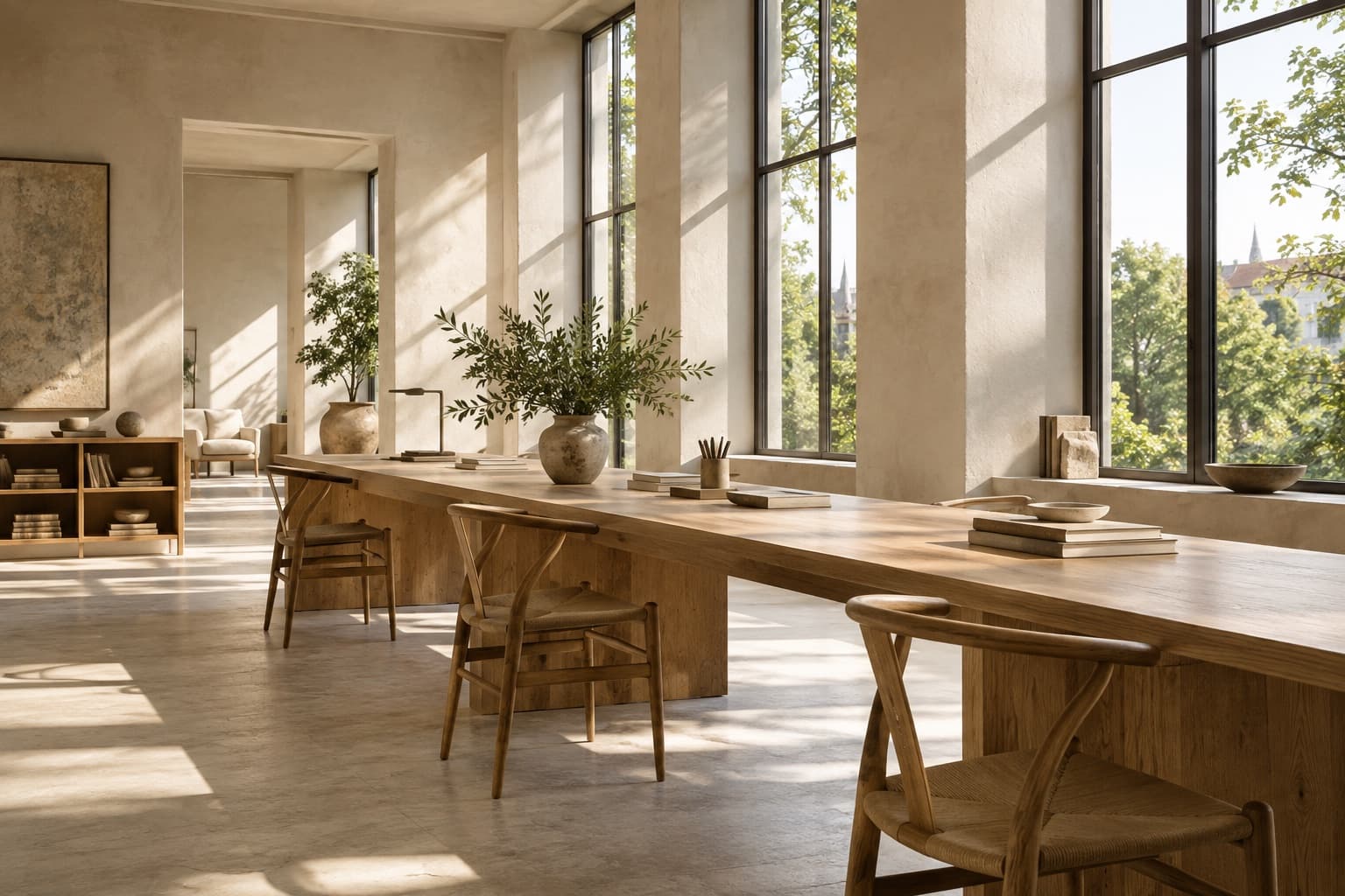 An imagined sunlit workspace with an oak desk and windows facing trees. AI-generated editorial illustration, not ARFITI’s office.